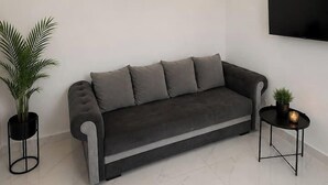 Ein modernes Wohnzimmer mit einem grauen Sofa, einem Wand-Fernseher und einer Topfpflanze auf einem Beistelltisch.