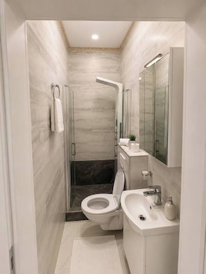 Ein modernes Badezimmer mit Toilette, Waschbecken und Dusche.