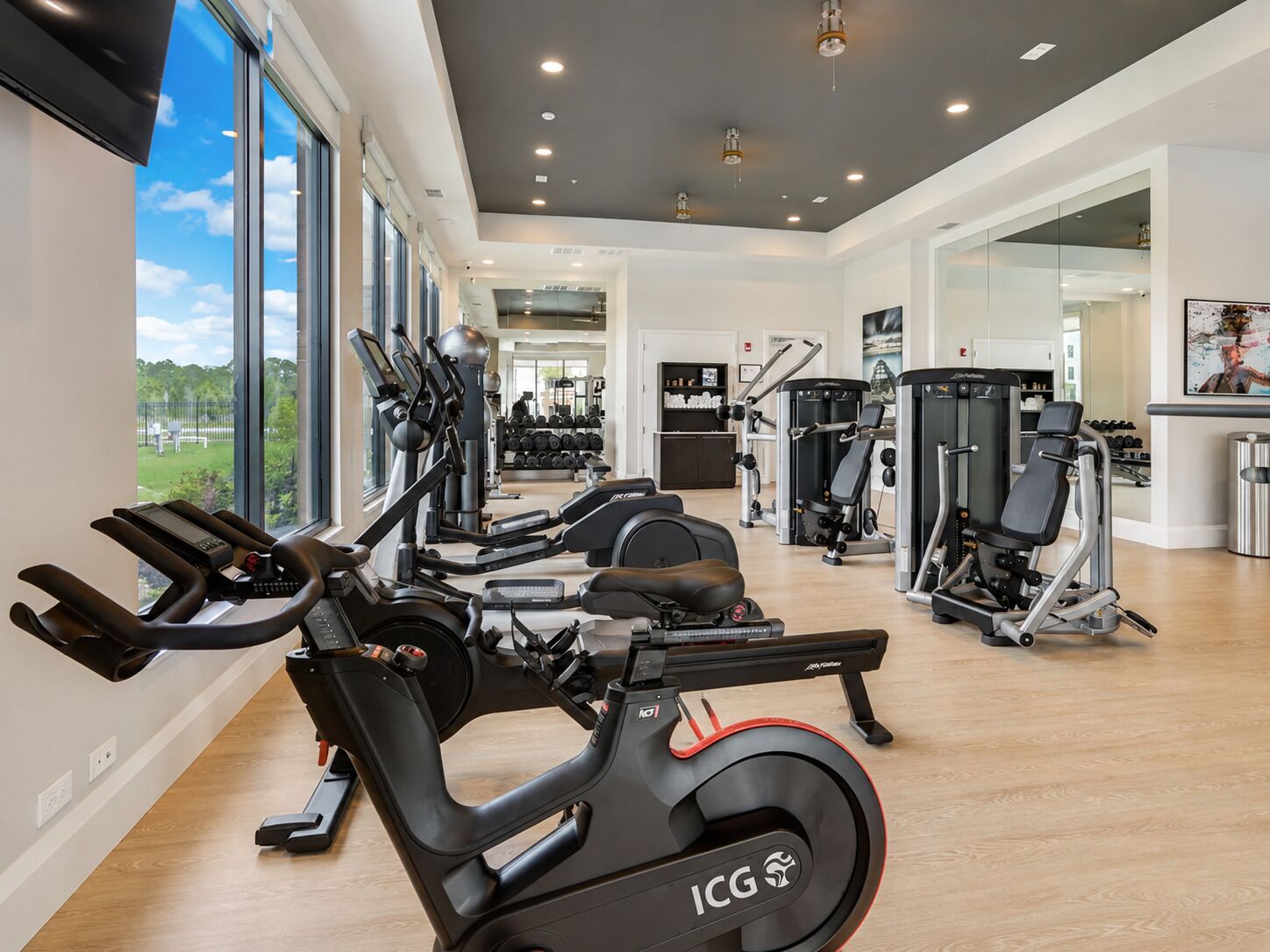 A modern gym with cardio equipment, weight machines, and a large window offering a view of the outdoors.