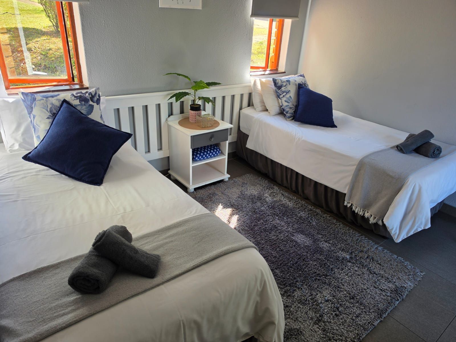 A room with two beds, a small white nightstand with a plant, and a grey rug.