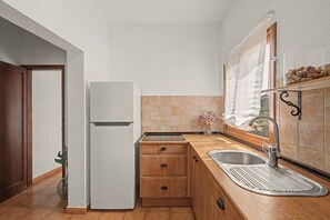 A compact kitchen with a refrigerator, wooden cabinets, a sink, and a window with a curtain.