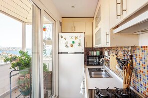 A compact kitchen with a refrigerator, microwave, sink, and stove. - Bosphorus View Terrace- Historic Cihangir (İstanbul)