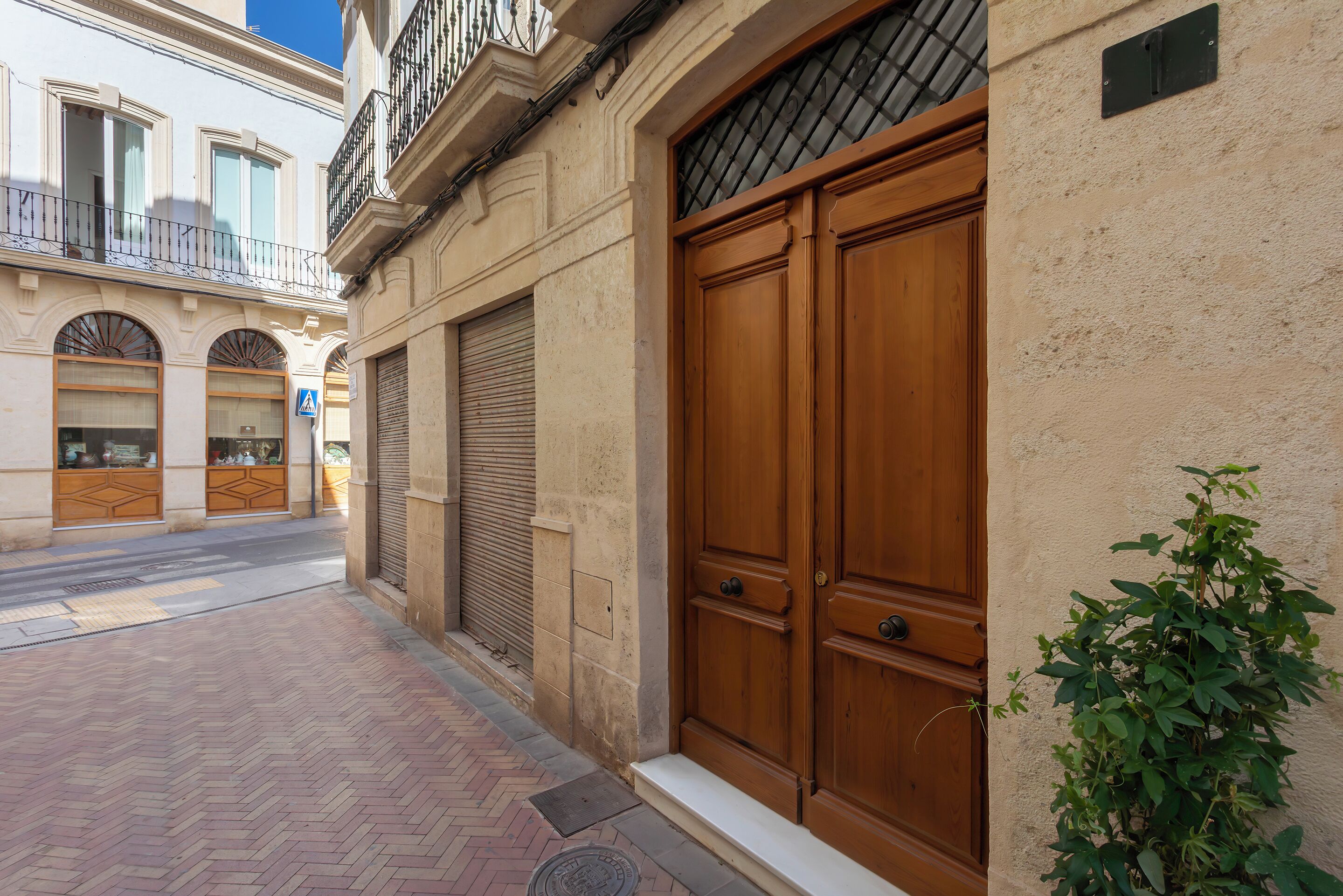 Vista da rua com uma porta de madeira fechada, um toldo de metal e uma planta.