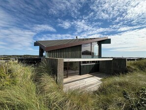 Ein modernes Haus mit flachem Dach, großen Fenstern und einer Holzterrasse.