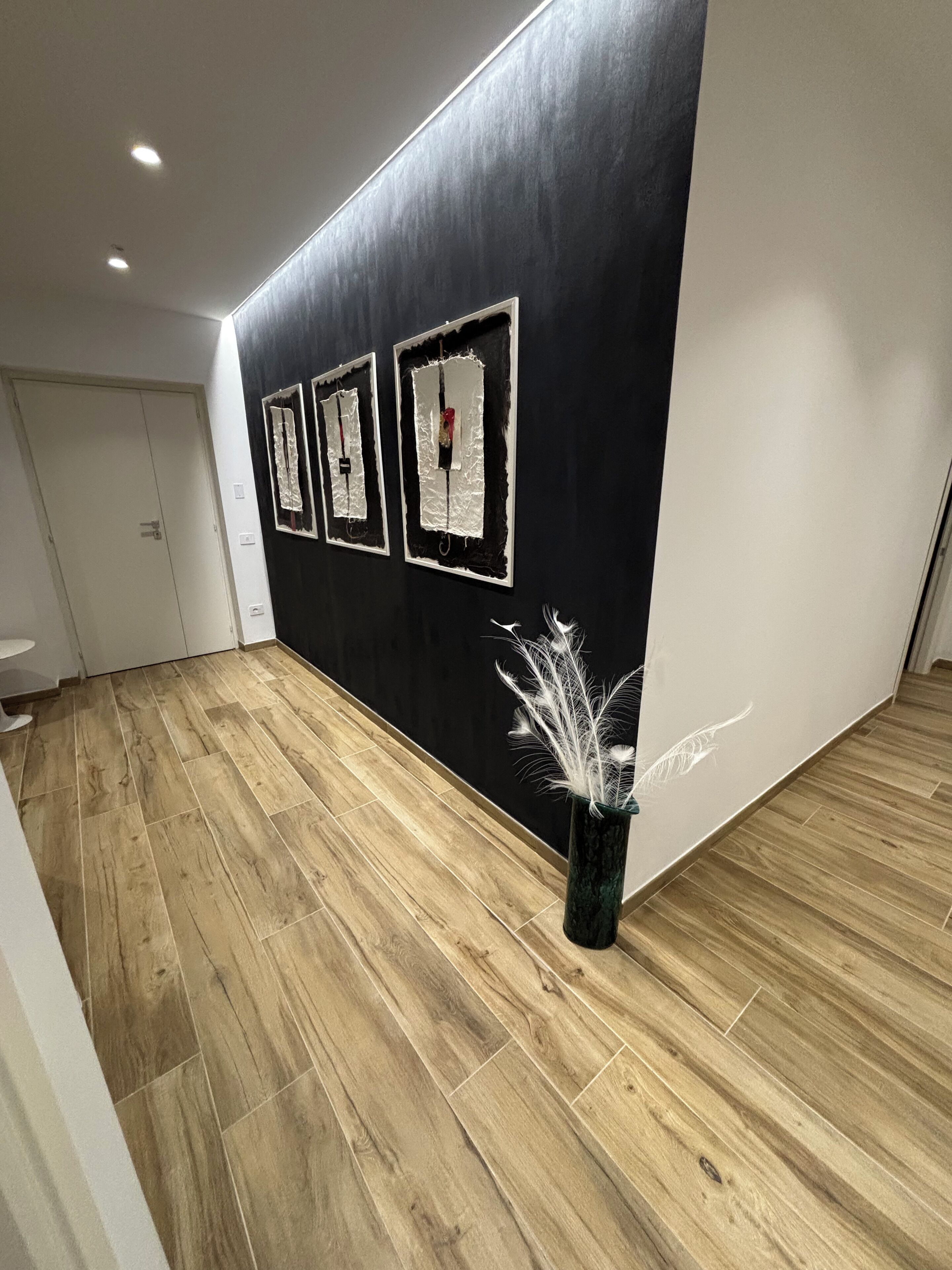 Ein Flur mit schwarzer Wand und Holzdielen, der drei gerahmte Kunstwerke und eine Zierpflanze zeigt.
