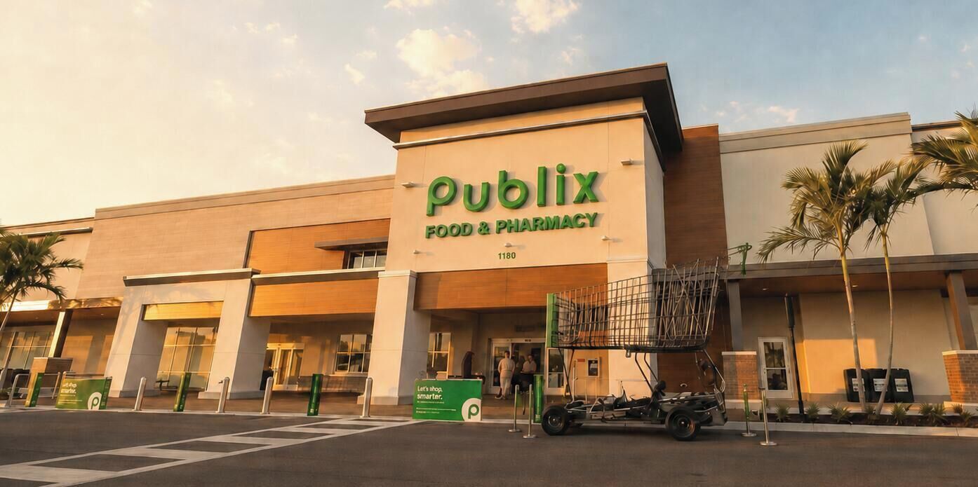 Un negozio Publix Food & Pharmacy con un grande cartello, un parcheggio e un carrello della spesa all'esterno.