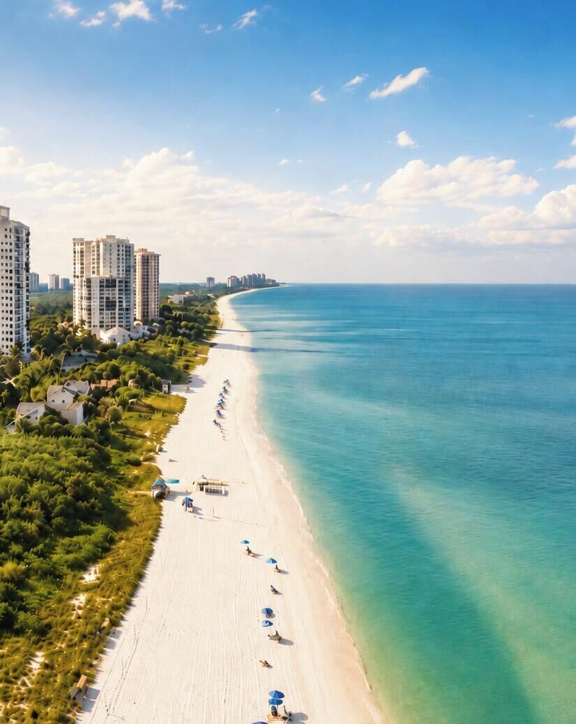 Una zona costiera con edifici alti, una spiaggia e vegetazione lussureggiante.