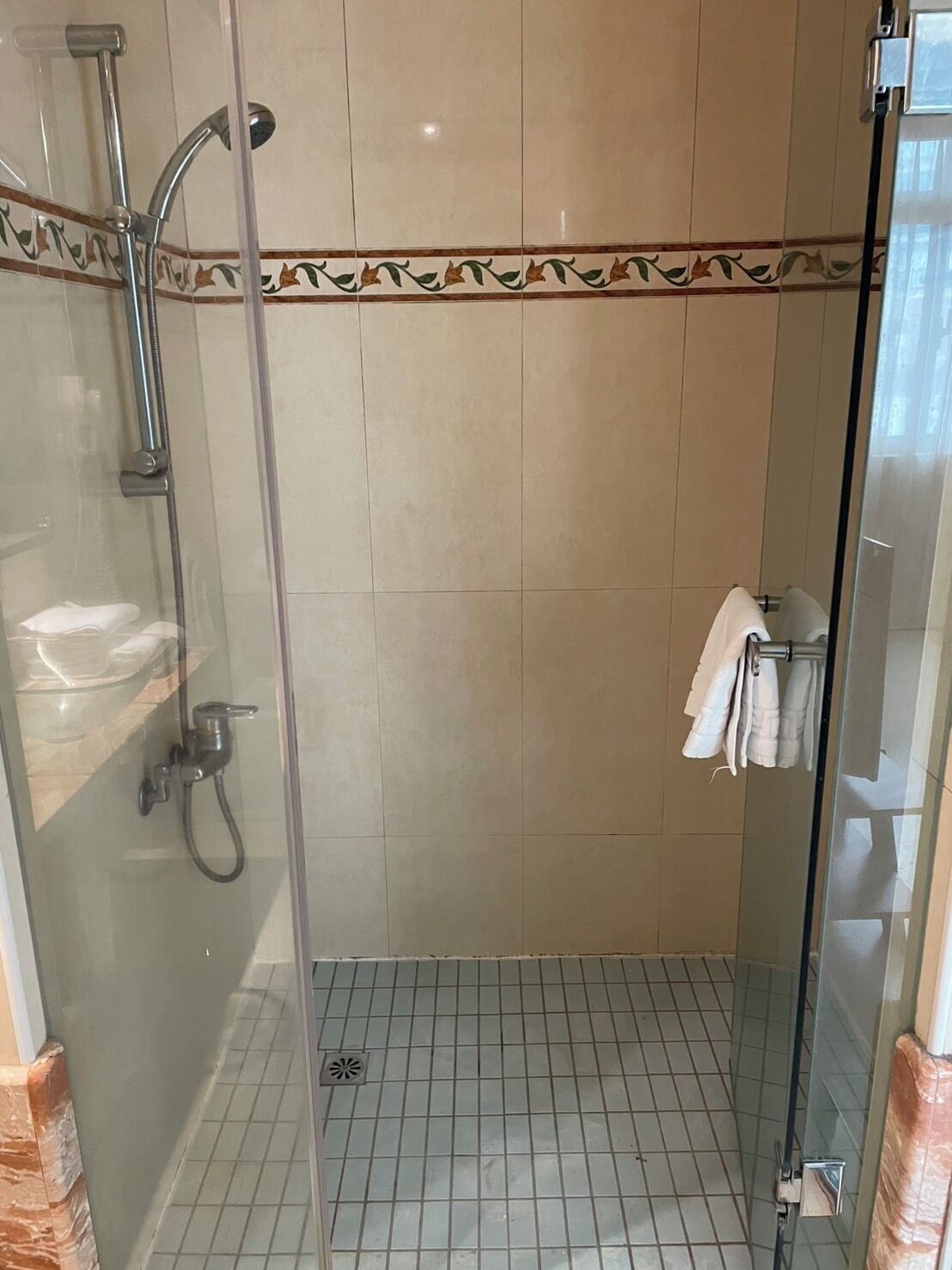 Une cabine de douche fermée par des parois en verre, dotée d’un pommeau de douche à main, d’un robinet mural et d’un porte-serviettes avec des serviettes.