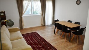 A living room with a sofa, a dining table with chairs, a rug, and a window with curtains.