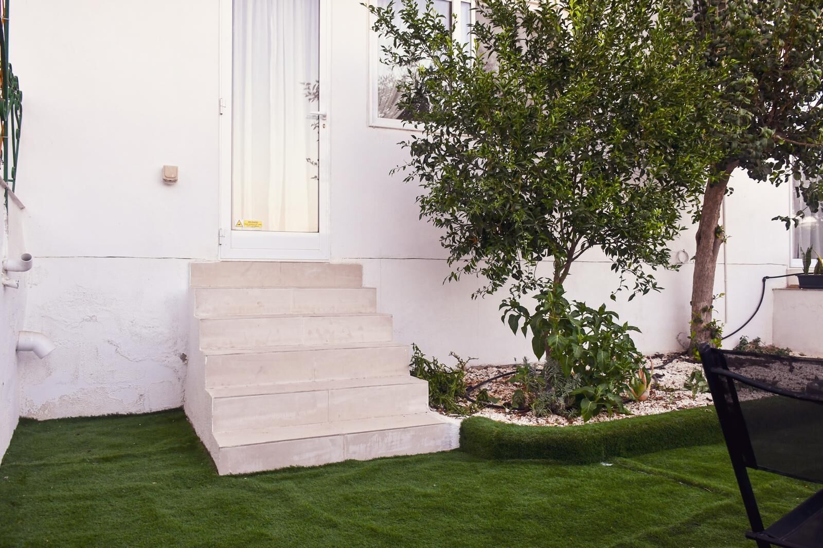 A white building with a set of concrete steps leading to a door, a small tree, and a neatly trimmed hedge.