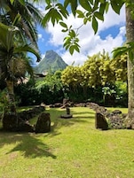 A tropical garden with a clear sky, a mountain in the background, and a pathway leading to a stone structure.