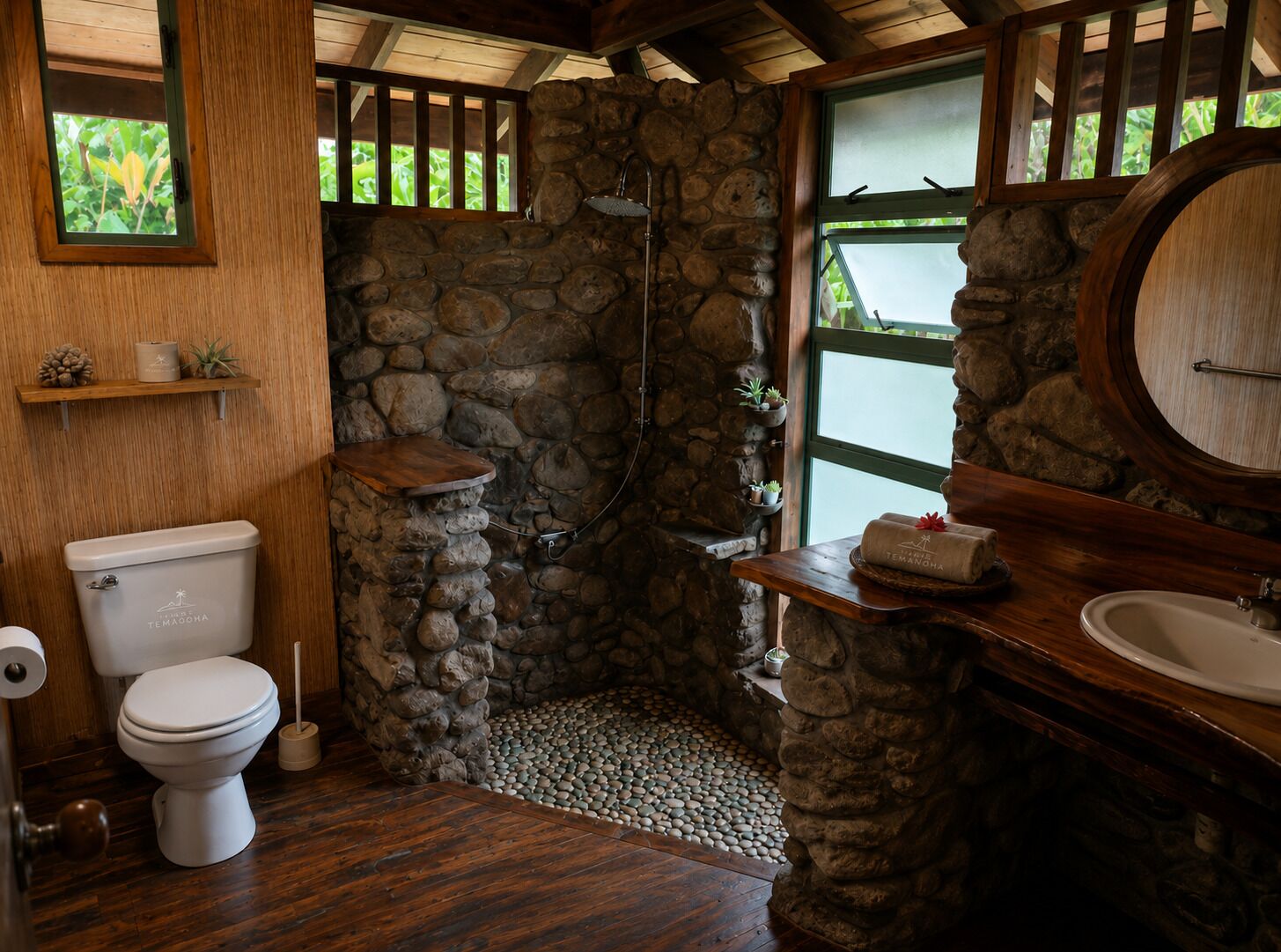 A bathroom with a stone shower enclosure, a toilet, a sink, and a window with a view.
