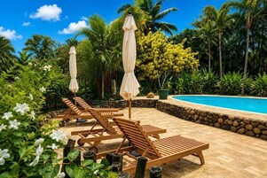 Una piscina al aire libre, sombrillas, sillones reclinables de piscina