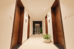 Un pasillo con puertas de madera, una planta en maceta y una puerta al final.