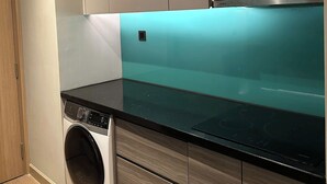 Une cuisine moderne dotée d’un lave-linge encastré, de meubles gris et d’un plan de travail noir.