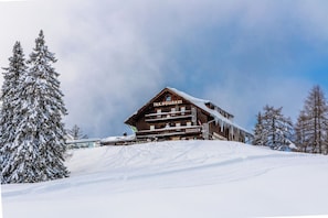 A wooden chalet with a sign reading 'TH.K. HOLLHAUS' and 'SCHIVERLEIH SCHISERVICE' on the side.