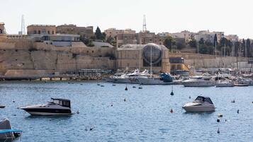 A marina with boats docked, a large spherical structure on a hill, and buildings in the background.