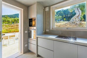A modern kitchen with a built-in oven and a window overlooking a natural landscape. - Villa with infinity pool over the Tyrrhenian Sea (Cefalù)