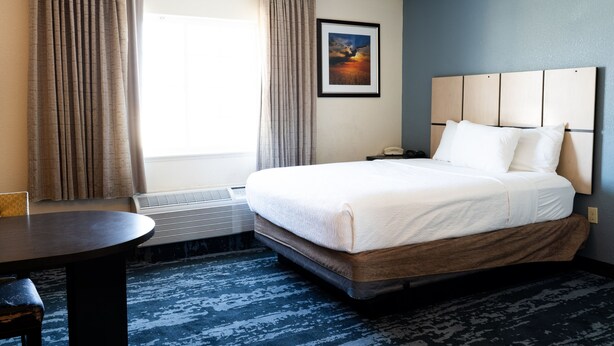 Una habitación de hotel con una cama, un escritorio, una silla, un radiador y un cuadro en la pared.