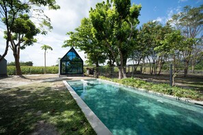 A swimming pool with a clear blue water surface, surrounded by a grassy area and trees.