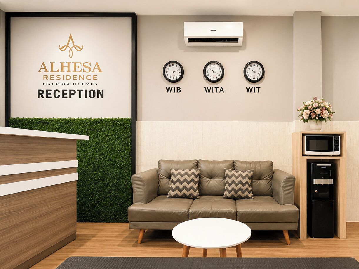 A reception area with a reception desk, a sofa with patterned cushions, a wall-mounted clock, and a water dispenser.