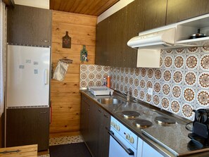 A compact kitchen with a refrigerator, stove, and sink. - Chalet Bambi Appartement/Fewo, Dusche, WC 4-Bettwohnung by Interhome (Rosswald)