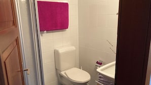 Ein kleines Badezimmer mit einer weißen Toilette, einem rosa Handtuch an der Wand und einem Waschbecken mit Spiegel.