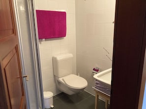 Ein kleines Badezimmer mit einer weißen Toilette, einem rosa Handtuch an der Wand und einem Waschbecken mit Spiegel.