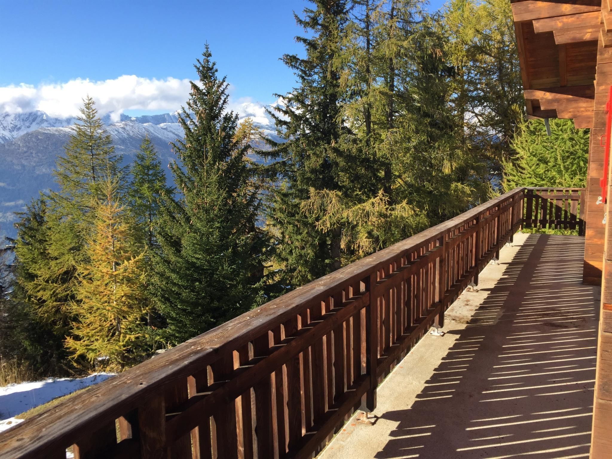 A wooden deck with a view of snow-capped mountains and evergreen trees.
