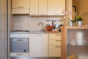 A modern kitchen with a Bosch oven, a sink with a vintage faucet, and a fruit bowl on the countertop. - Apartment in Lucca with private furnished terrace (Lucca)