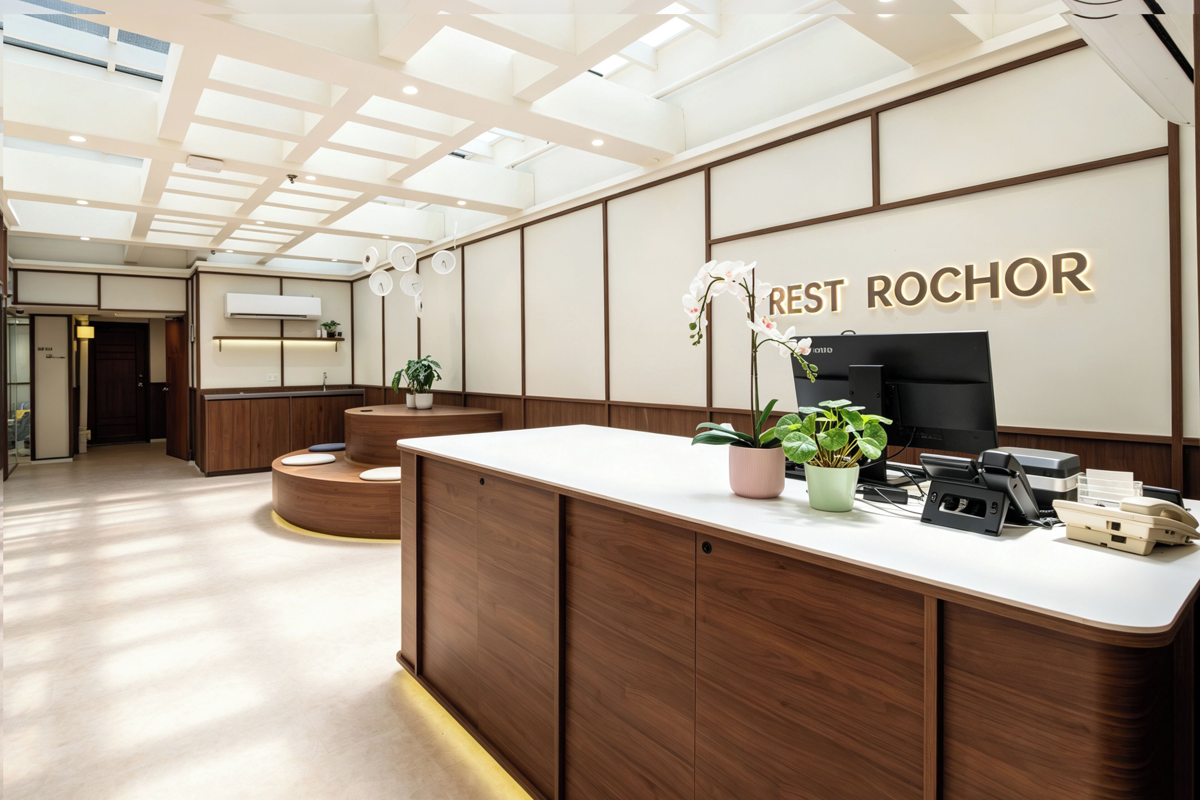 A reception desk with a sign reading 'REST ROCHOR' in a modern interior with wooden paneling and a skylight ceiling.