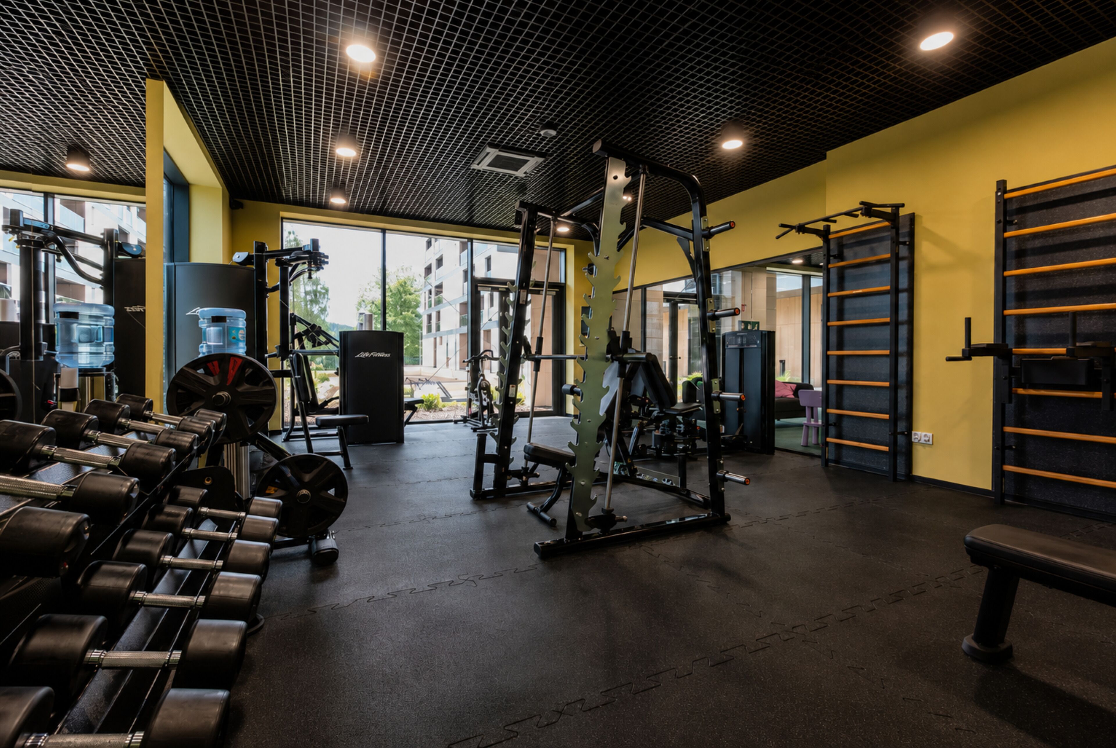 A gym with various exercise equipment, including dumbbells and weight machines.