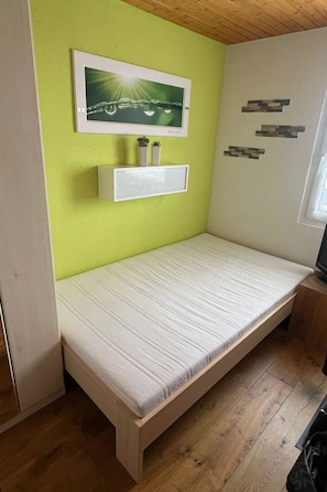 Une petite chambre avec un lit simple, un mur vert, un tableau accroché, une étagère avec des plantes et une fenêtre.