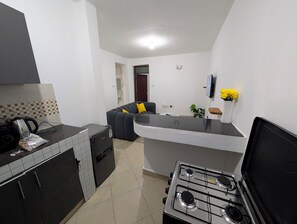 Eine kompakte Küche mit Gasherd, Kühlschrank und einer Essecke mit einer Couch.