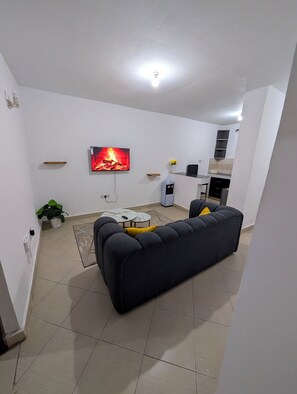 Ein Wohnzimmer mit einer schwarzen Couch, einem Fernseher, der einen Kamin zeigt, einem kleinen Tisch und einer Kaffeemaschine.