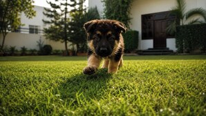 A puppy walking on grass in front of a building. - Rangoli Garden Homestay (Varanasi)