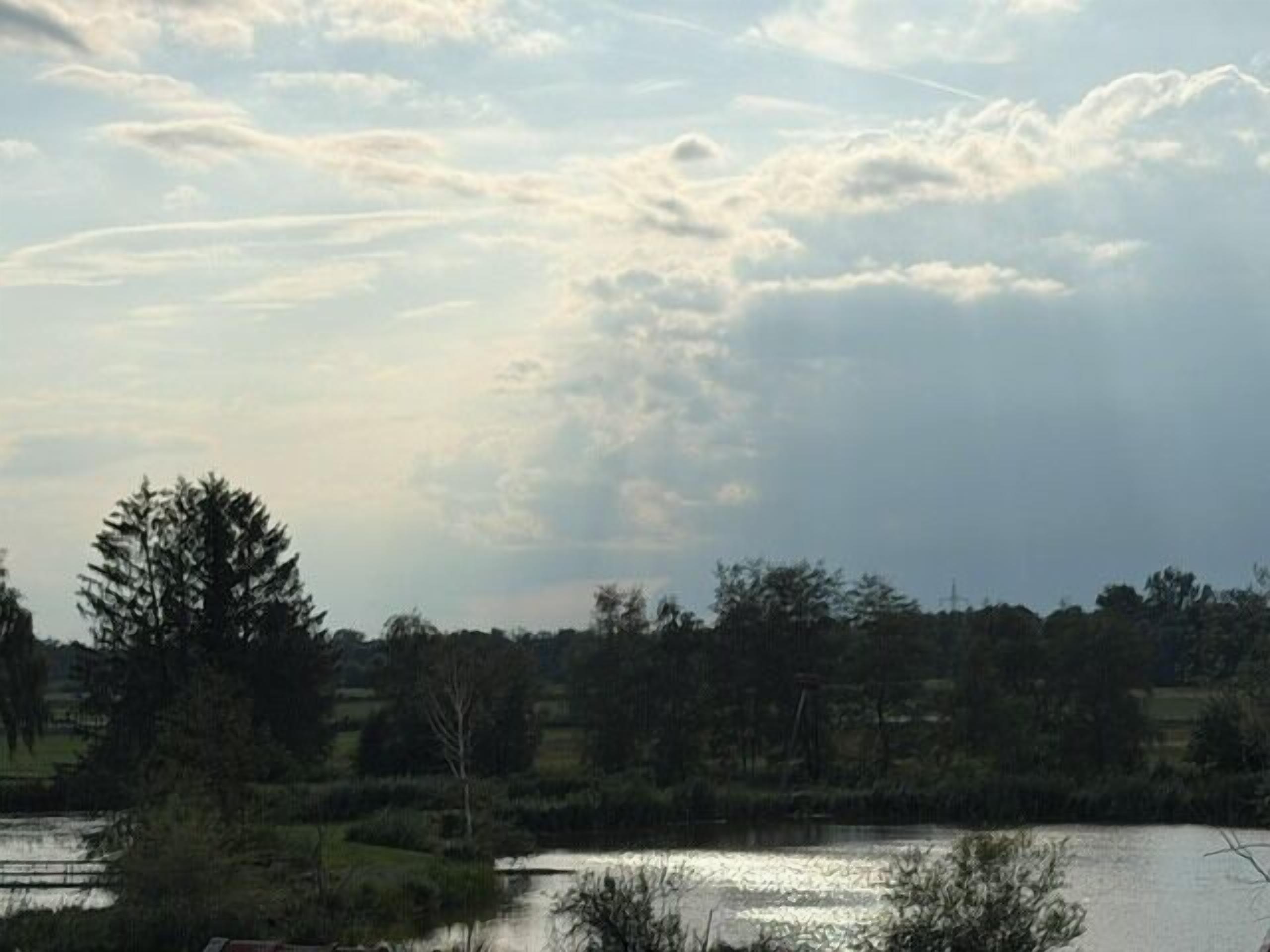 A natural landscape with a body of water, trees, and a cloudy sky.