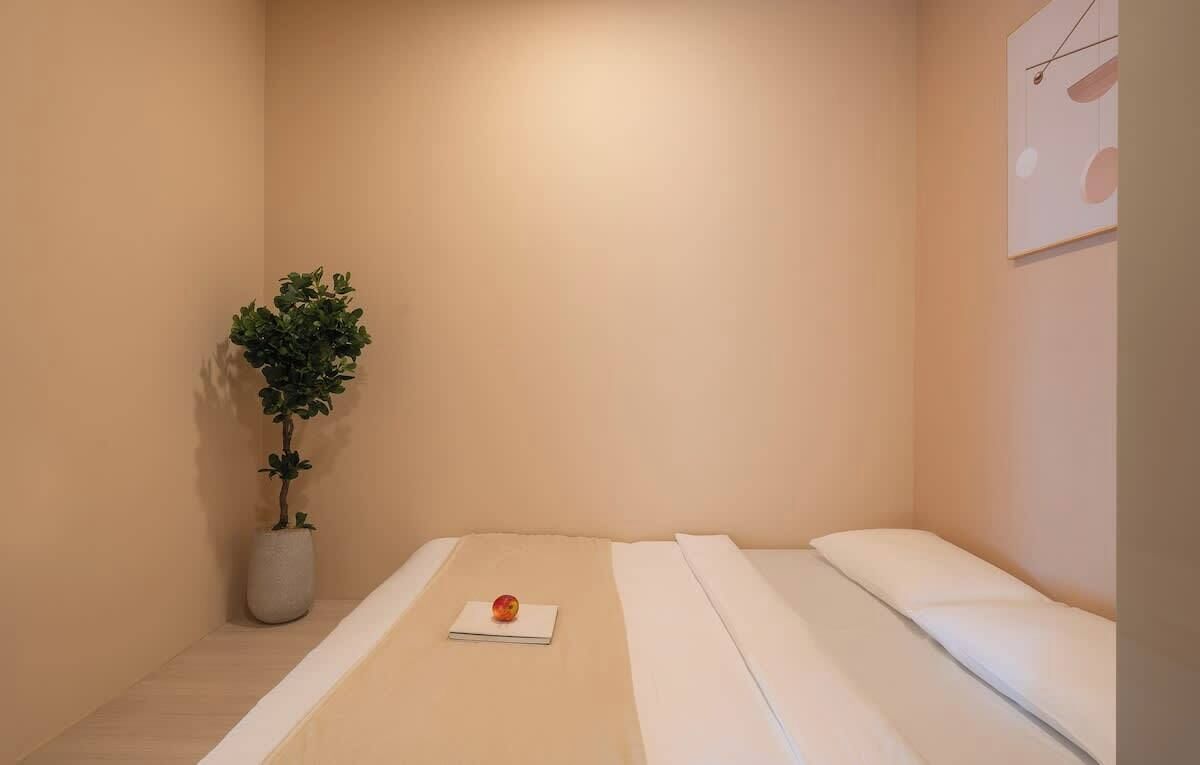 Ein schlicht eingerichteter Raum mit einem Bett, einer Topfpflanze und einem Wandbild.