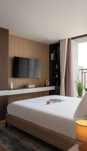 A modern hotel room with a large bed, a flat-screen TV mounted on a wooden panel wall, a bedside table with a vase, and a window with curtains. - Large 3BRs+2WCs | City & D1 View | 5 min BuiVien (Thành ph  ố Hồ Chí Minh)
