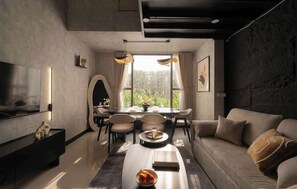 Ein modernes Wohnzimmer mit einer Couch, einem Esstisch und einem Fernseher.