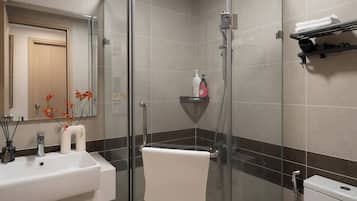 Chuveiro, secador de cabelo, toalhas de banho, shampoo