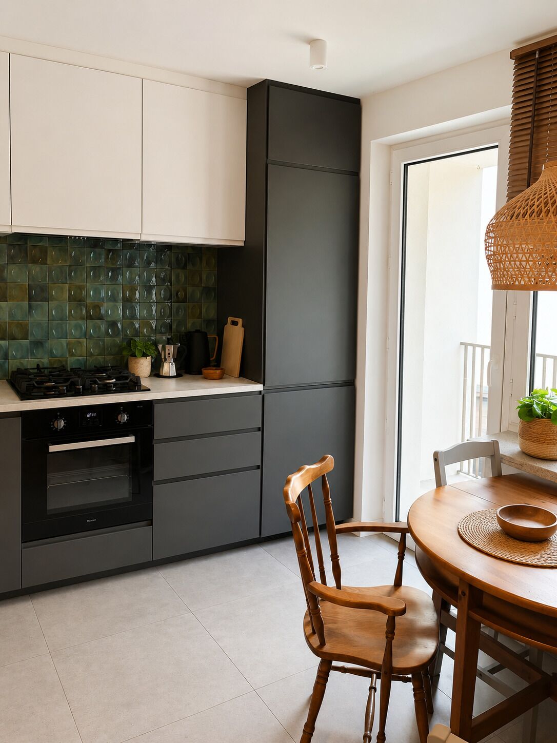 Une cuisine moderne équipée d’une cuisinière à gaz, d’un four et d’un coin repas avec une table et des chaises en bois.