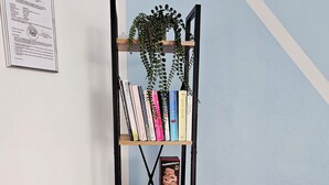 A bookshelf with various books and board games, a potted plant, and a certificate on the wall. - Studio in the heart of Paphos (Pafos)