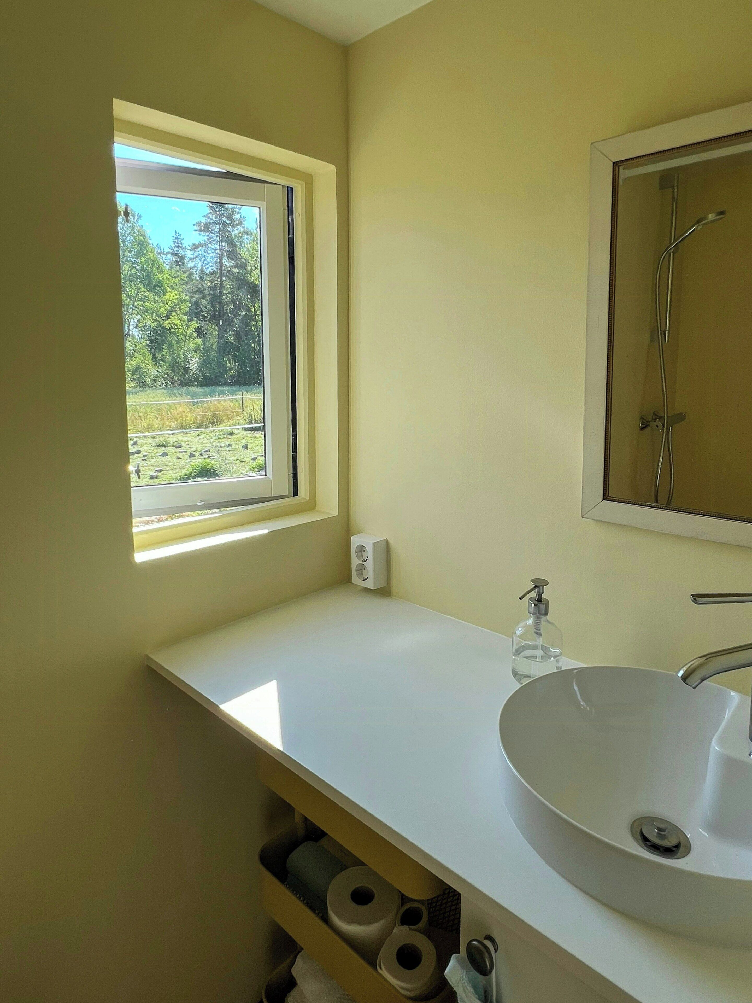 A bathroom with a window, a sink, and a mirror.
