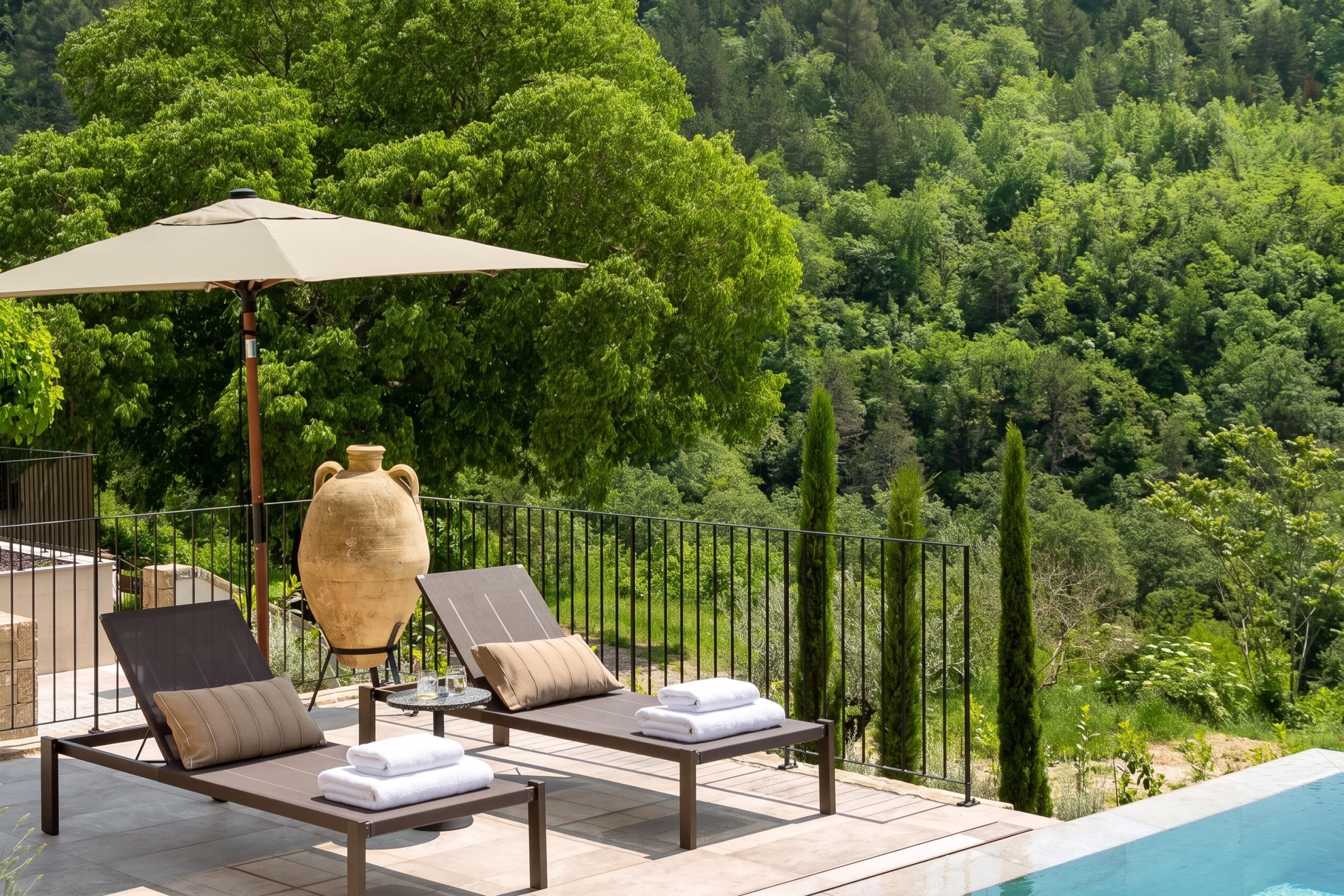 Zona junto a la piscina con sillones de descanso, un jarrón grande y vistas a una ladera boscosa.