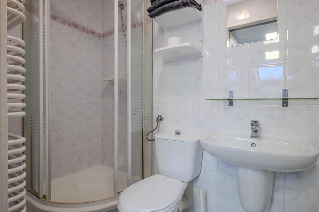 Ein Badezimmer mit Duschkabine aus Glas, einer weißen Toilette und einem Waschbecken mit Spiegel darüber.