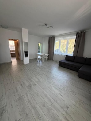 A spacious living area with a sofa, a dining table, and a ceiling light fixture.