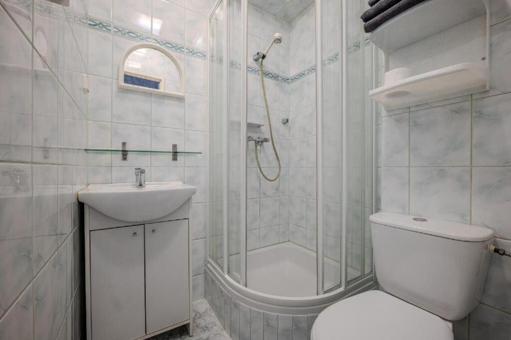 Ein Badezimmer mit Toilette, einer Duschkabine und einem Waschbecken mit Spiegel darüber.