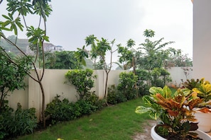 A garden with various plants and a white wall in the background. - ELIVAAS Signature Shourya Aravalli 4BHK (Udaipur)