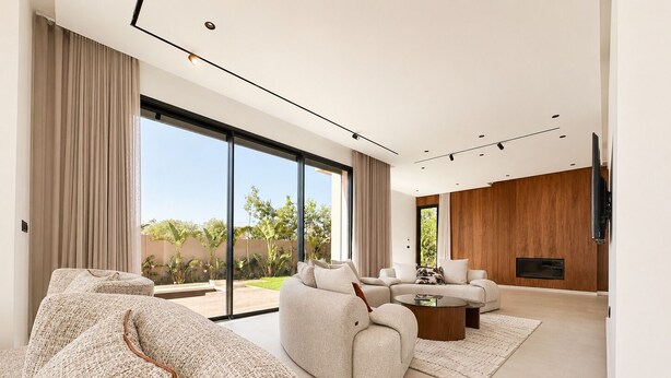 A modern living room with a large sectional sofa, a coffee table, and a TV mounted on the wall. - Villa contemporaine - Golf d'Amelkis - Ascenseur et hammam (Marrakech)